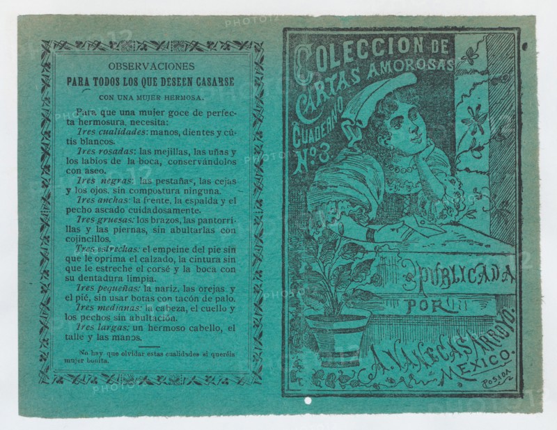 Cover for 'Coleccion de Cartas Amorosas Cuaderno No. 3', a young woman holding a letter and resting her head on her hand as she looks out a window, ca. 1900.