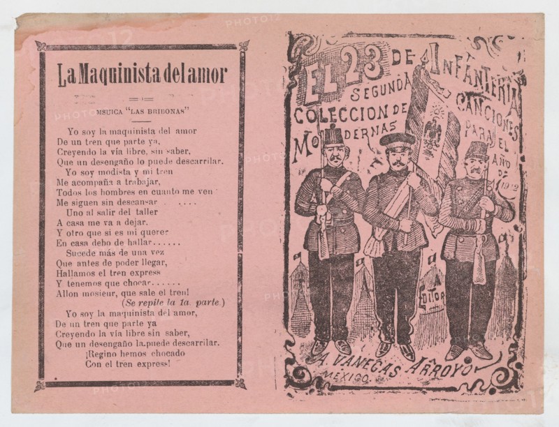 Cover for 'El 23 de Infanteria', three infantry soldiers standing in a line holding rifles and a flag, ca. 1912.