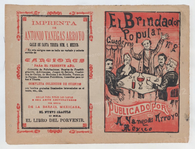 Cover for 'El Brindador Popular', a man raising a toast to a group of people seated around a table, ca. 1880-1910.