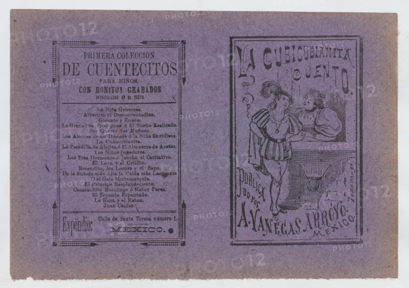 Cover for 'La Cubicubianita Cuento', a figure wearing a feathered hat leaning on a windowsill and talking to a woman, ca. 1890-1910.