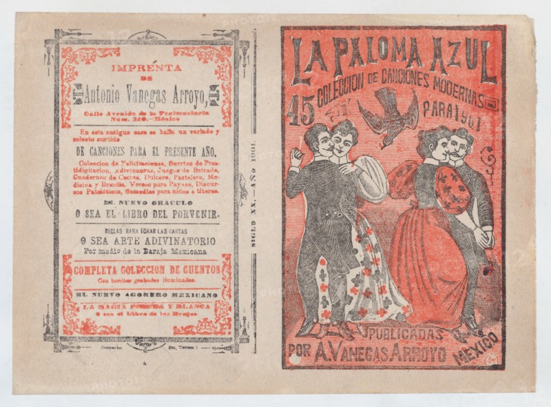 Cover for 'La Paloma Azul : Coleccion de Canciones Modernas Para 1901', two couples dancing while a dove flies in between them, ca. 1901.
