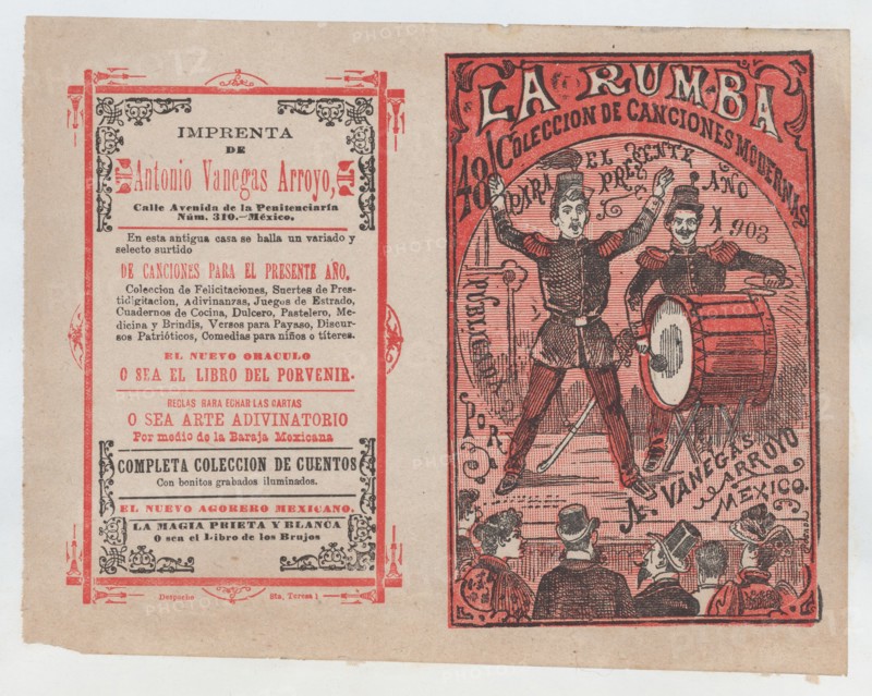 Cover for 'La Rumba: Coleccion de Canciones Modernas para el Presente Año 1903', a conductor and a drummer performing on stage for an audience, ca. 1903.