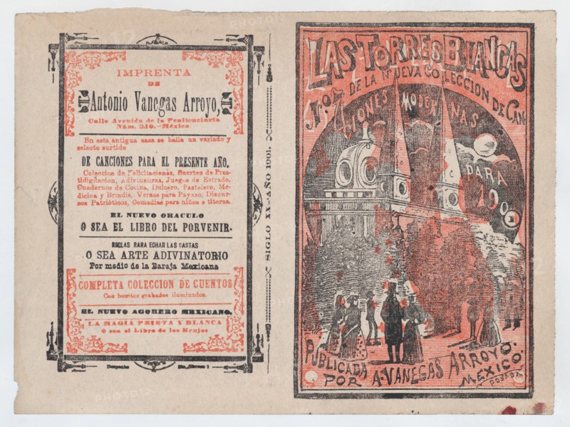 Cover for 'Las Torres Blancas', a group of people walking and looking up at two white towers, ca. 1900.