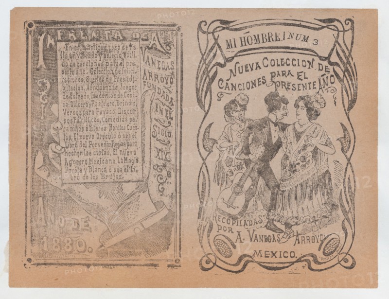 Cover for 'Nueva Coleccion de Canciones para el Presente Año', a man with a guitar placing his arm around a woman's shoulder while another woman watches them, ca. 1880-1910.