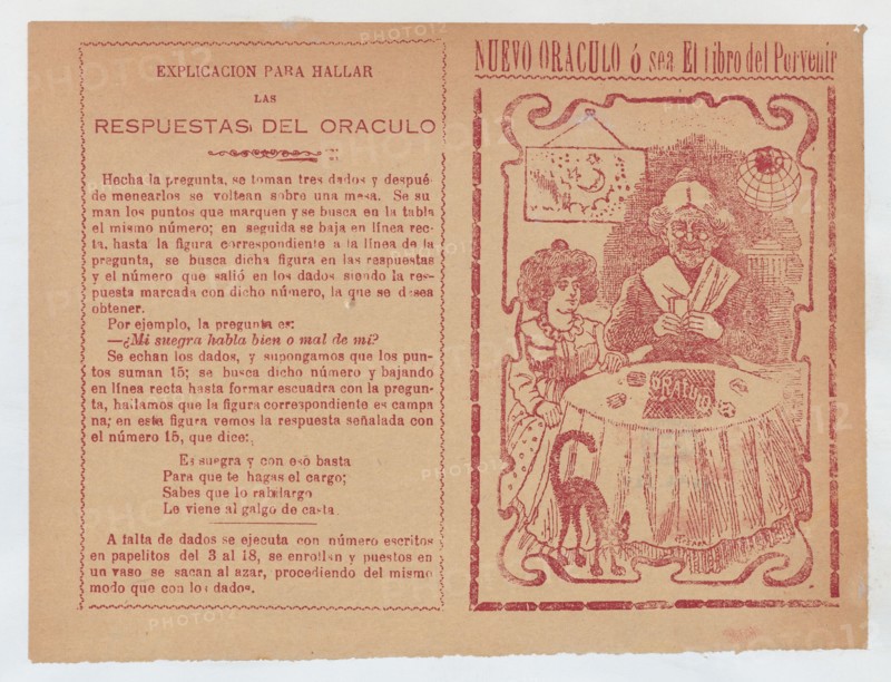 Cover for 'Nuevo Oraculo ó sea El Libro del Porvenír', an old women seated at a table and reading someone's fortune from cards, ca. 1880-1910.