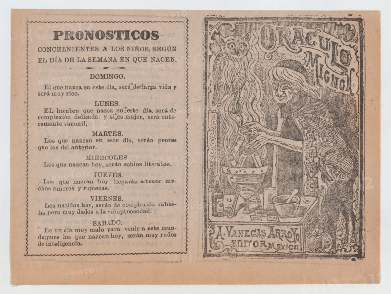 Cover for 'Oraculo Mignon', a witch brewing a potion in a cauldron, ca. 1880-1910.