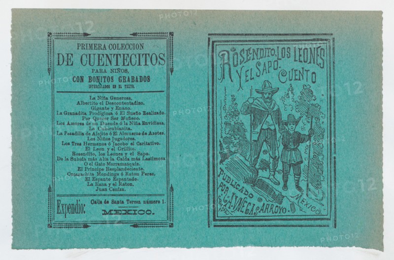 Cover for 'Rosendito, Los Leones, y El Sapo', a young boy and man holding walking sticks, ca. 1890-1910.