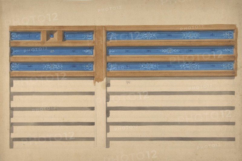 Design for a beamed ceiling with painted panels, 1830-97.