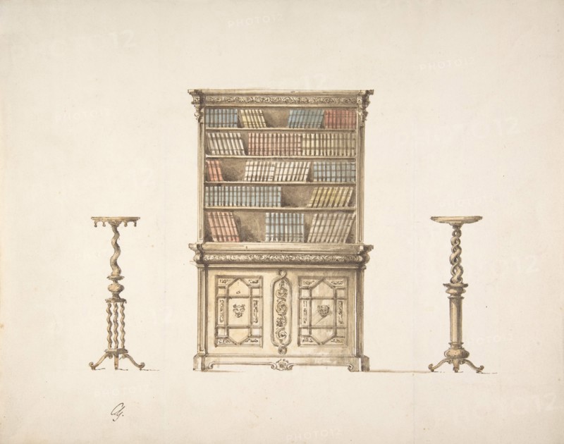 Design for a Bookcabinet and Two Pedestals (Verso: sketch), early 19th century.