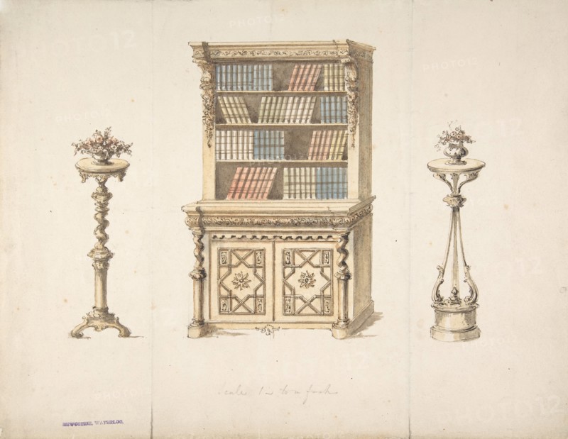 Design for a Cabinet-Bookcase and Two Stands for Flowers, early 19th century.
