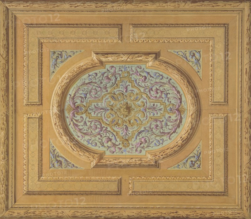 Design for a ceiling decorated with bands of oak leaves and a central panel of scrolls and rinceaux, 1830-97.