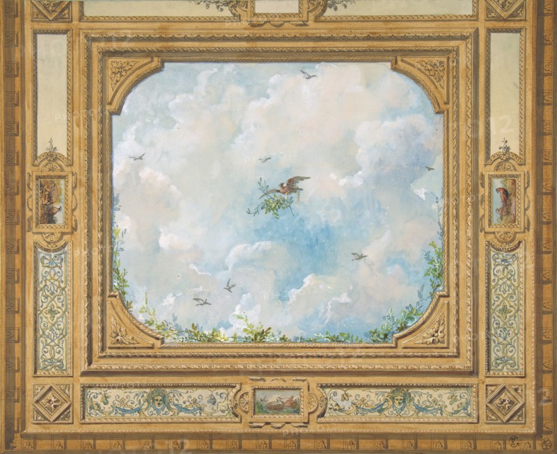 Design for a ceiling decorated with clouds and birds, 1830-97.