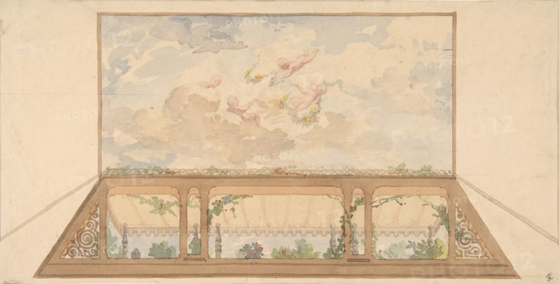 Design for a ceiling painted with a trompe l'oeil awning and putti in clouds, second half 19th century.
