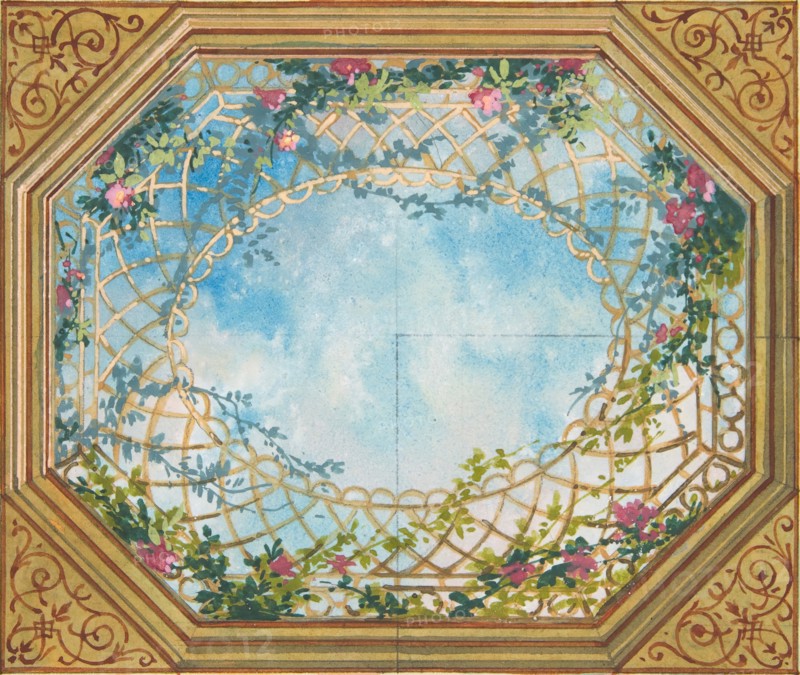 Design for a ceiling painted with clouds, trellises, and roses, second half 19th century.