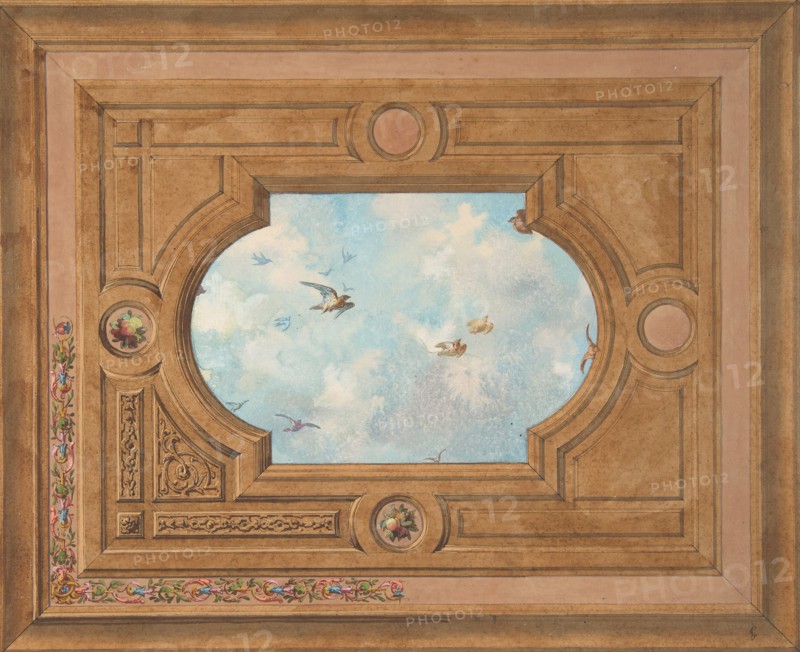 Design for a ceiling with a trompe l'oeil sky filled with birds, 19th century.