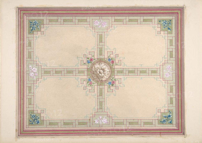 Design for a ceiling with floral accents and Greek key border, second half 19th century.