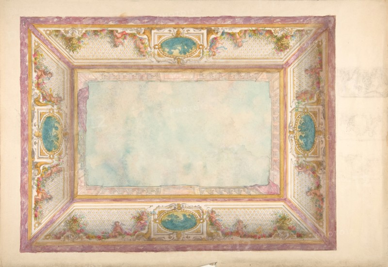 Design for a ceiling with trompe l'oeil balustrade and putti, second half 19th century.
