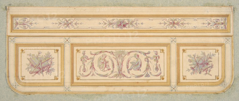 Design for a ceiling with two putti and symbols for the arts, second half 19th century.
