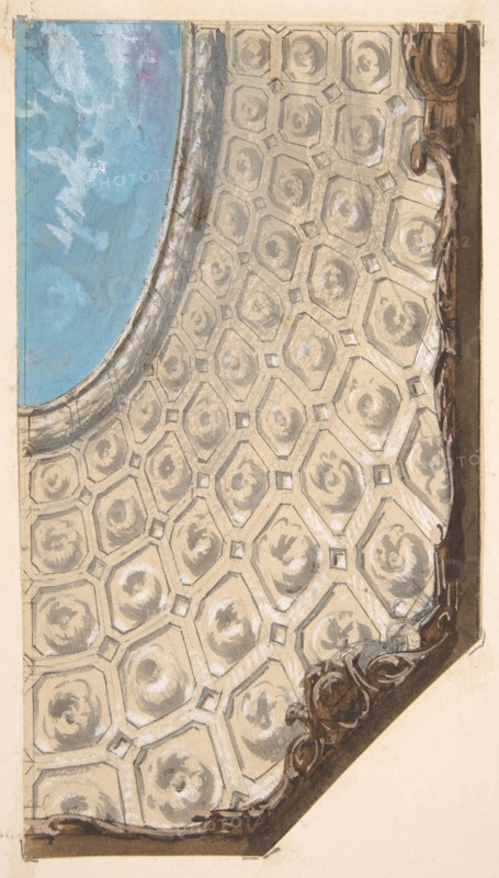 Design for a coffered ceiling with a central oval painted in clouds, 1830-97.