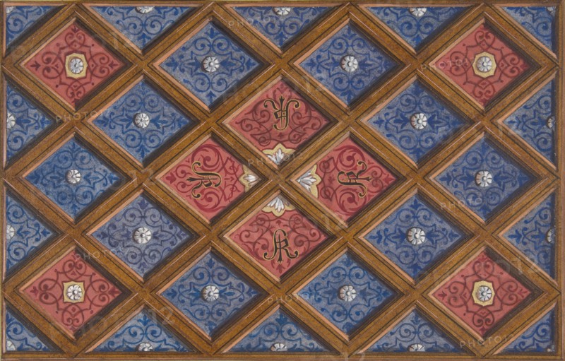 Design for a coffered ceiling with painted initials: SRI (?), 1840-97.