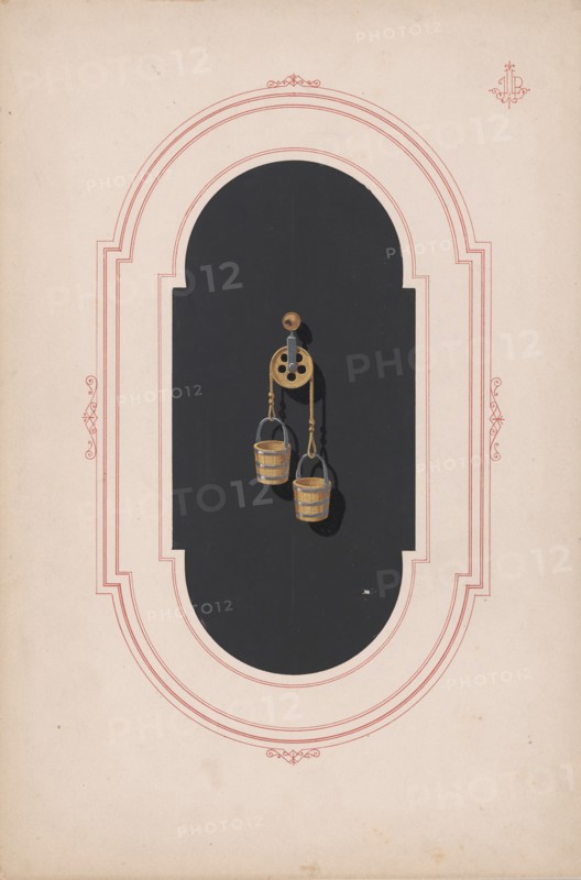 Design for a Gold Earring with Two Buckets and Pulley, ca. 1870-1900.