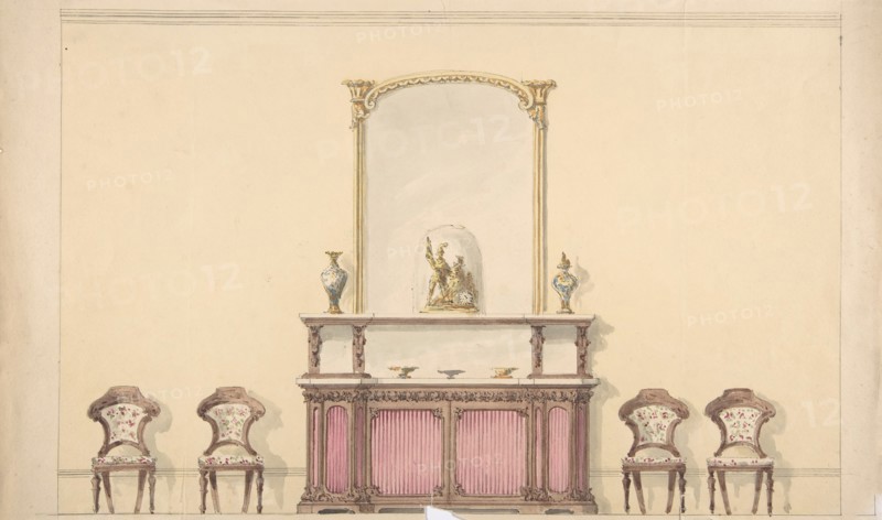 Design for a Mirrored Cabinet and Four Chairs, early 19th century.