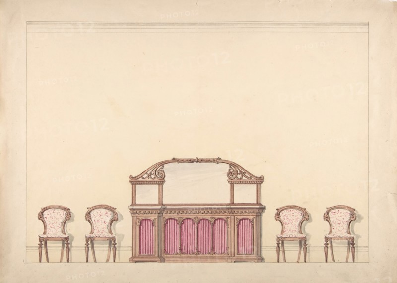 Design for a Mirrored Cabinet and Four Chairs, early 19th century.