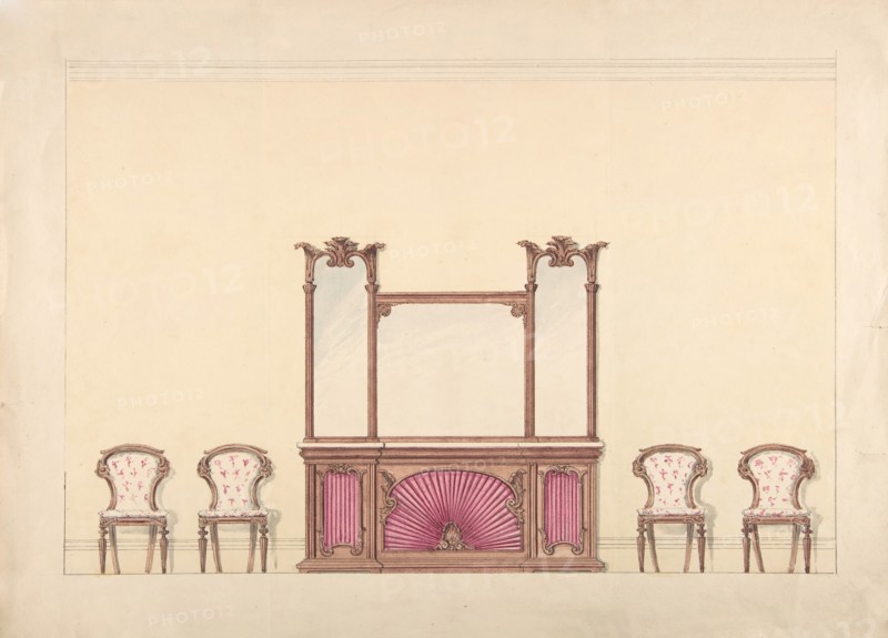 Design for a Mirrored Cabinet and Four Chairs, early 19th century.