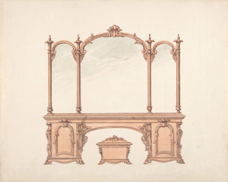Design for a Mirrored Sideboard with Rococo Ornament, and Casket, early 19th century.