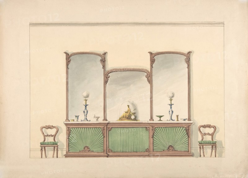 Design for a Mirrored Three Sectioned Marble-topped Cabinet and Two Chairs, early 19th century.