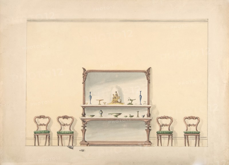 Design for a Mirrored, Marble-topped Sideboard and Four Chairs, early 19th century.