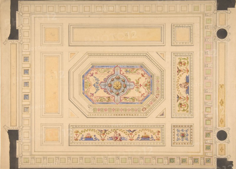 Design for a paneled ceiling painted with putti, birds, and floral motifs, 19th century.