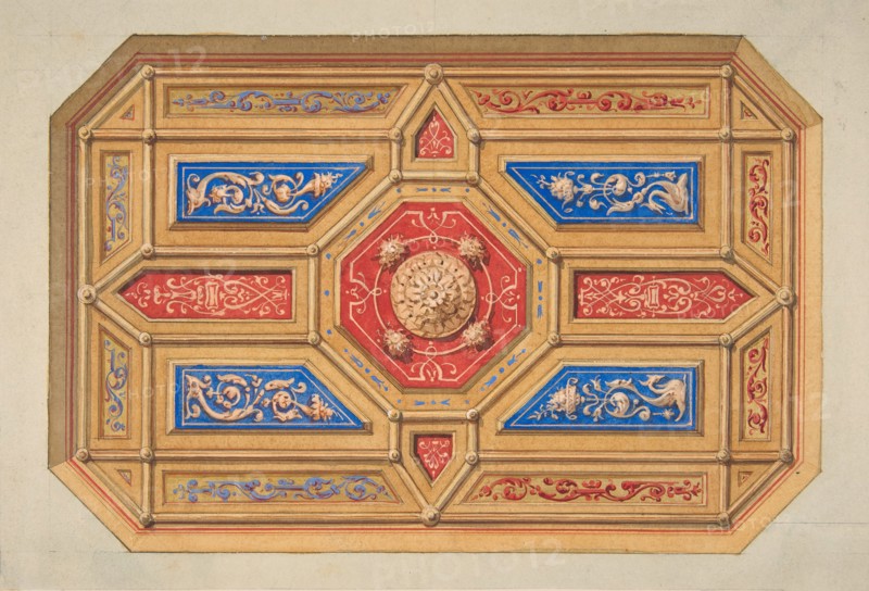 Design for a paneled ceiling, 19th century.