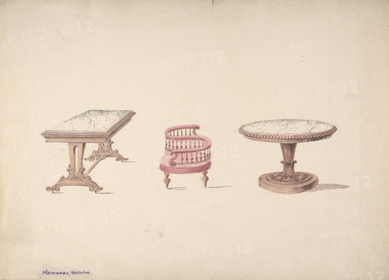 Design for a Rectangular and Round Marble-topped Tables and a Tête-à Tête Chair, early 19th century.