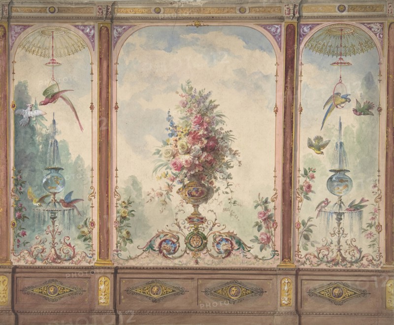 Design for a Wall with a Flower Vase, Birds, Two Gold Fish and Globe Fountains, 19th century.