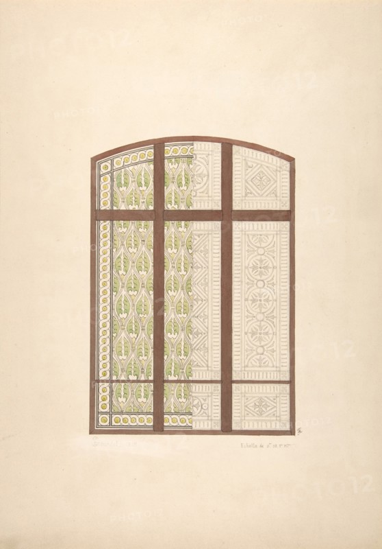 Design for an arched stained glass window, showing two alternative patterns, 1869.