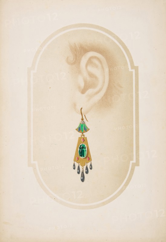 Design for an earring with a green scarab, 19th century.