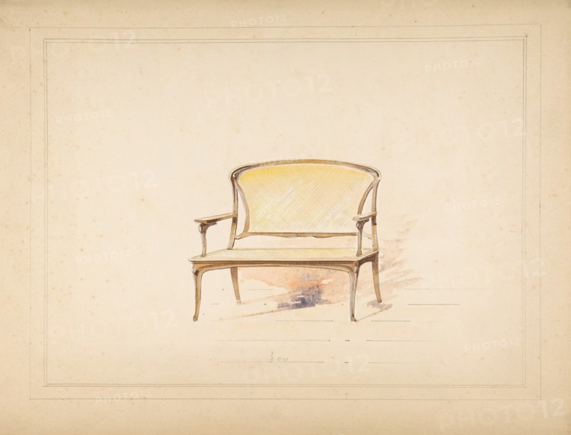 Design for Art Nouveau Loveseat with Caning, 19th century.