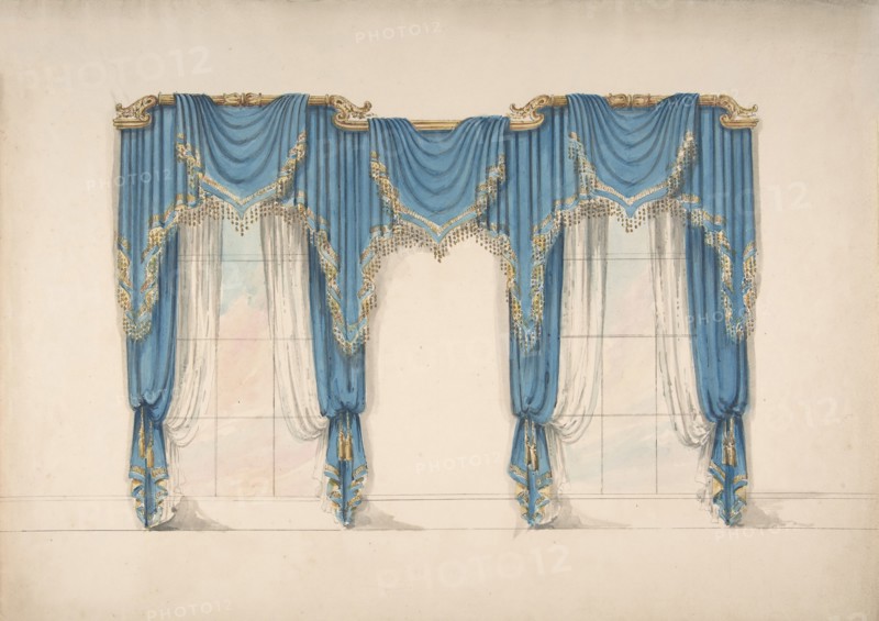 Design for Blue Curtains with Gold Fringes and Pediments, early 19th century.