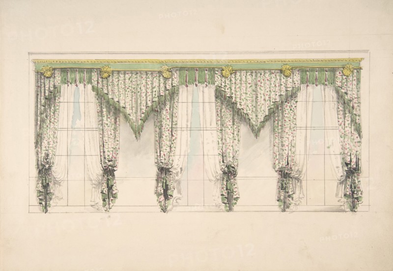 Design for Curtains with Pink, Green and White Floral Fabric and Pink and Green Fringes, ca. 1820.