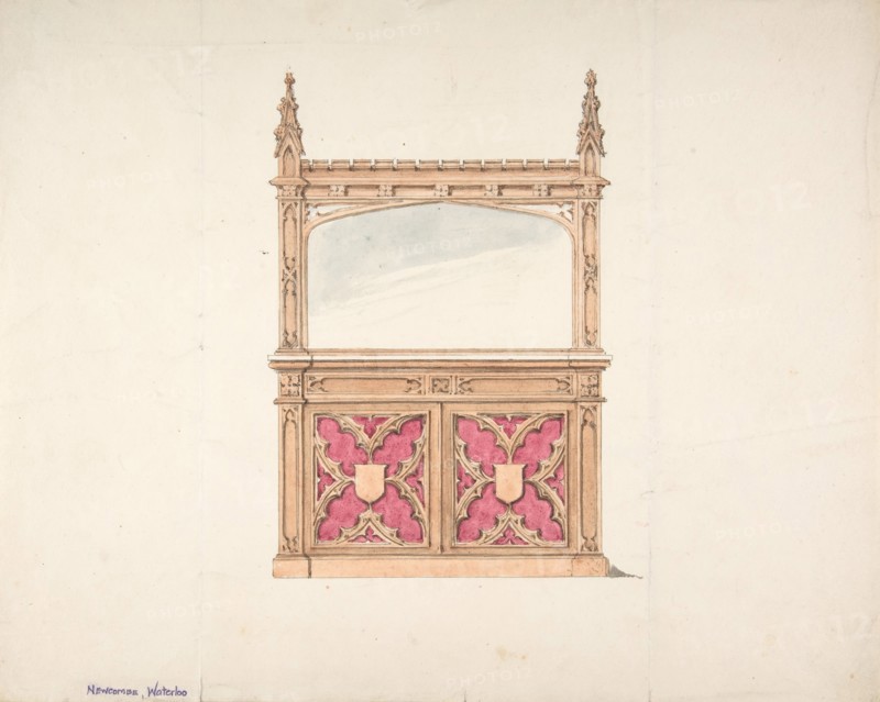 Design for Gothic Style Cabinet with Mirror, early 19th century.