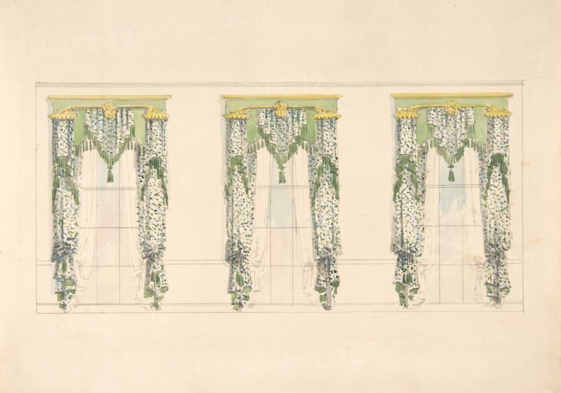 Design for Green and White Curtains with Green Fringes and a Green and Gold Pediment, early 19th century.