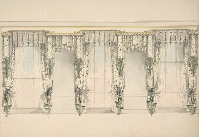 Design for Green and White Curtains with Green Fringes, and White and Gold Pediments, ca. 1820.