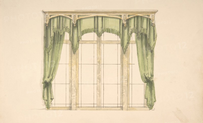 Design for Green Curtains with Green Fringes and a Gold Pediment, early 19th century.