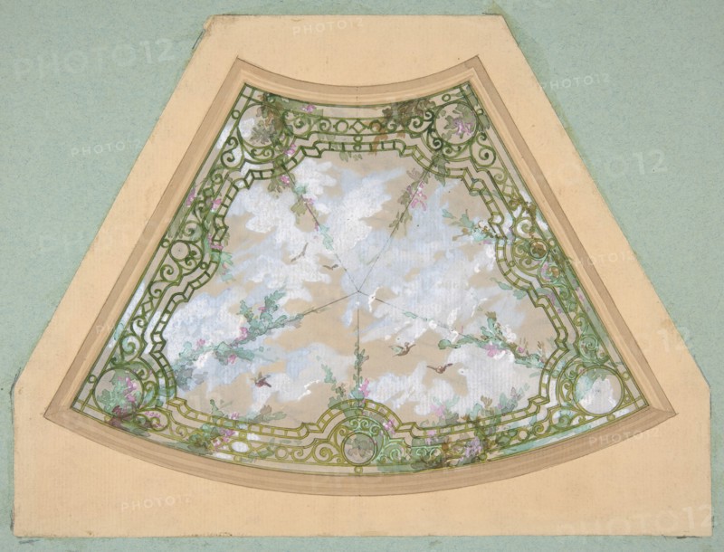 Design for one section of a ceiling painted in trompe l'oeil iron work with flowering vines and birds, second half 19th century.