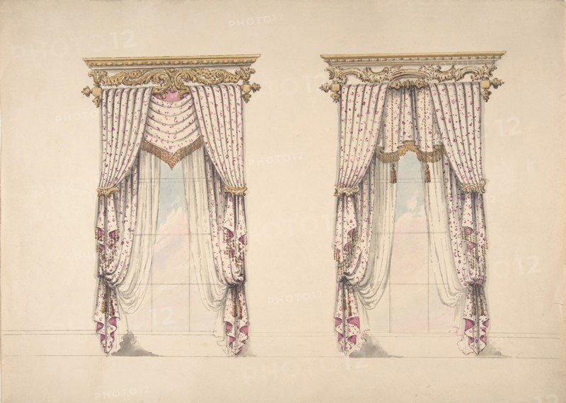 Design for Pink and White Curtains with Gold Fringes, and Gold and White, early 19th century.