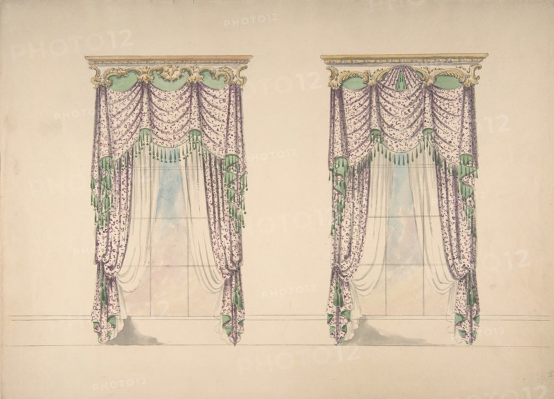 Design for Pink and White Curtains with Green Fringes, and Gold and White Pediments, ca. 1820.
