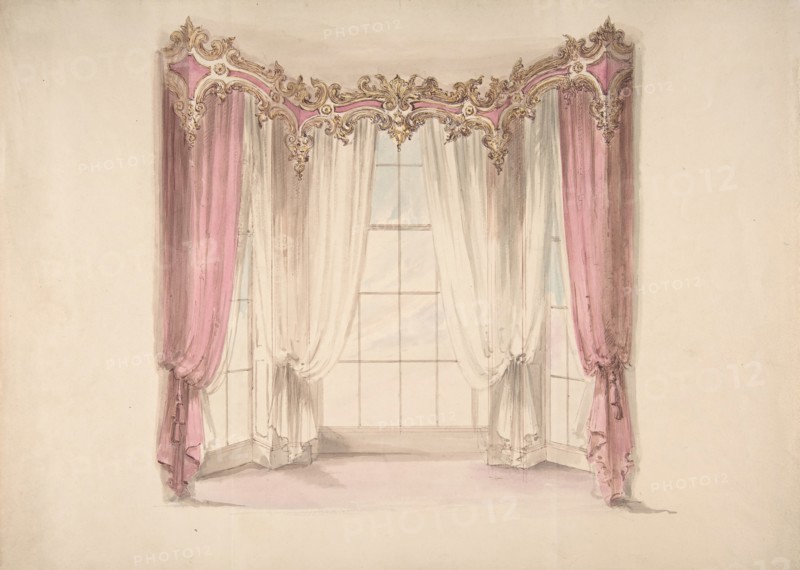 Design for Pink Curtains and White Inner Curtains, with a Gold, White and Pink Pediment, early 19th century.