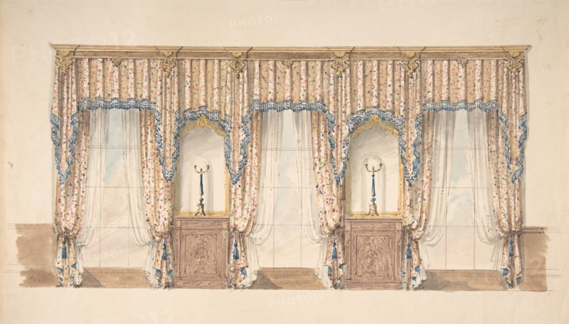 Design for Pink, Gold, Blue and White Curtains with Blue Fringes and a Gold and Wood Pediment, early 19th century.