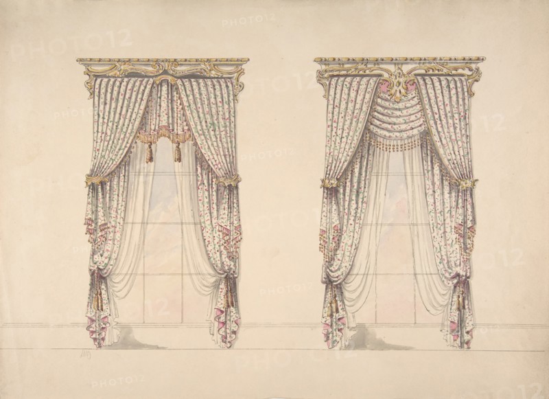 Design for Pink, Green and White Curtains with Pink and Gold Fringes and a Gold and White Pediment, early 19th century.